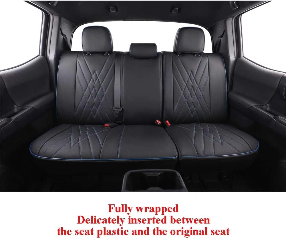 EKR Custom Fit Tacoma Leather Car Seat Covers for Select Toyota Tacoma 2012 2013 2014 2015 (Regular Seats)- Full Set, Leather (Black with Blue Trim)
