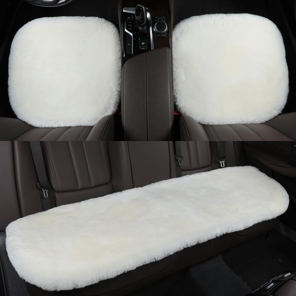 Fluffy Genuine Australia Sheepskin Car Seat Cover for Auto Interior Accessories with Soft Fuzzy Wool Eco-Friendly Natural Fur Non-Slip (White, Back)
