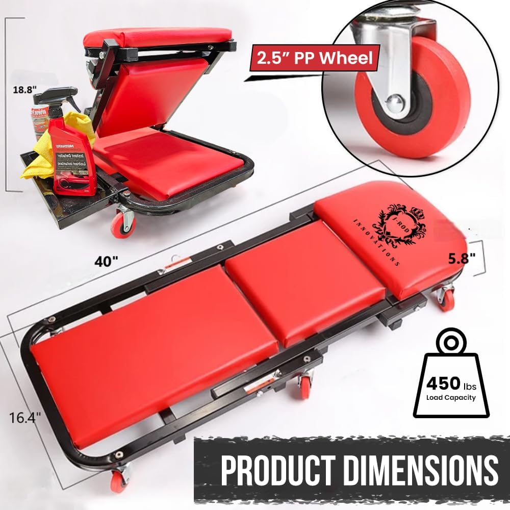 40" Mechanics Creeper Z fold with Side Tool Tray, 3 in 1 Low Profile,7pc-2.5" (360°) Swivel castors, Heavy Duty 450lb Laying Capacity 300lbs Seated, Home and Garage,