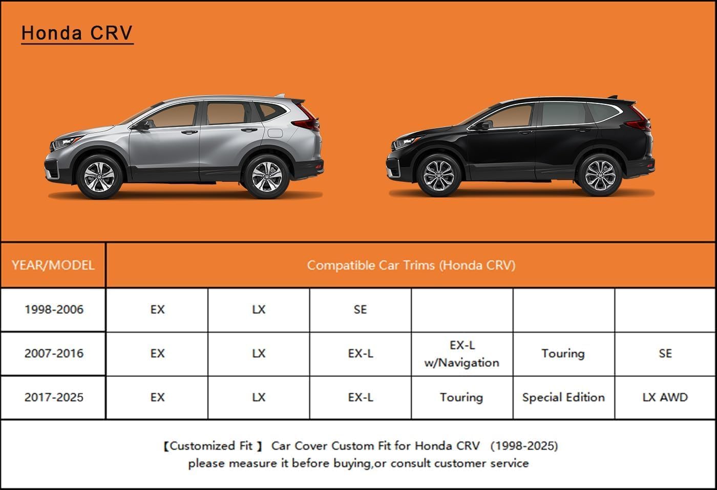 Kayme 7 Layers SUV Car Cover Custom Fit for Honda CRV CR-V (1995-2025), Waterproof All Weather for Automobiles,Rain Sun UV Protection.Black