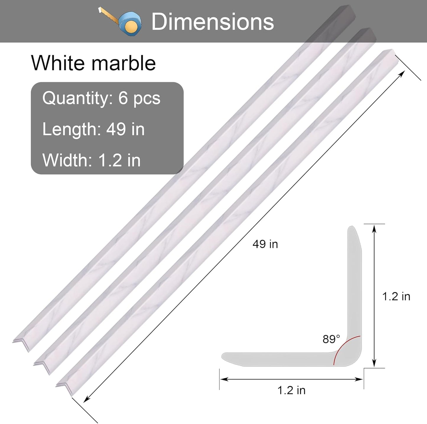 6 Pcs 49" Wall Corner Protector Trim, White Marble Grain Edge Strip for Door and Window Frames Mirror Trim Backsplash Tile Edge (White Marble)