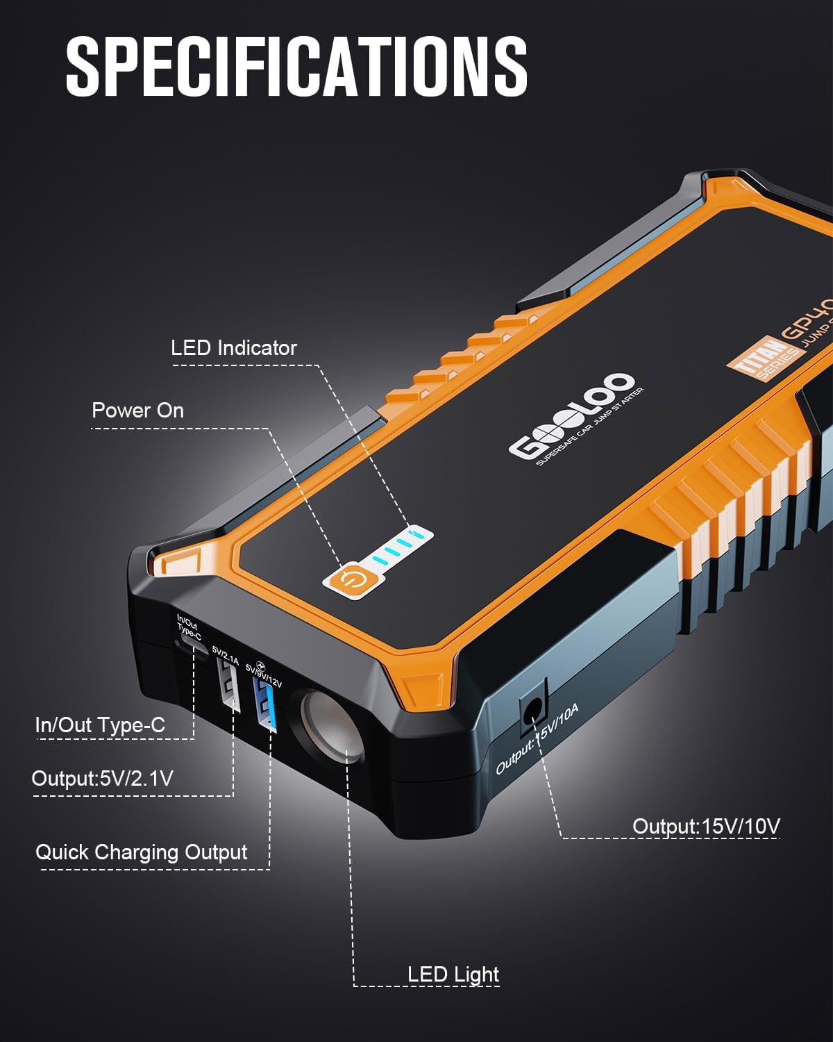 GOOLOO 4000A Peak Car Jump Starter 12V Auto Battery Booster SuperSafe Lithium Jump Box for All Gas, Up to 10.0L Diesel Engine, Portable Power Pack with USB Quick Charge and Type C Port, Orange