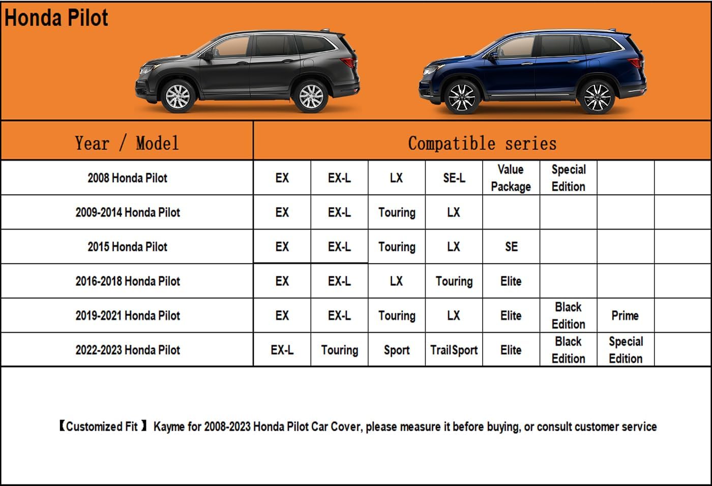 Kayme 7 Layers SUV Car Cover Custom Fit for Honda Pilot (2008-2025) Waterproof All Weather for Automobiles, Outdoor Full Cover Rain Sun UV Protection.Black
