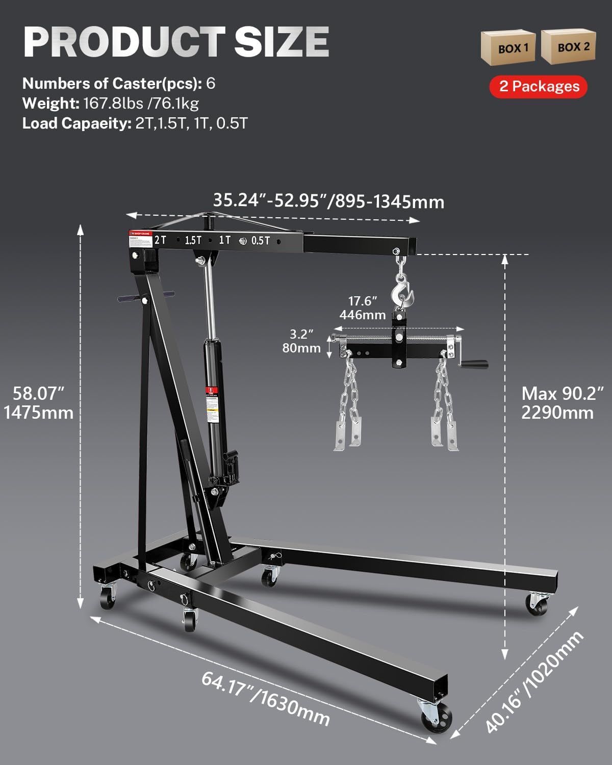 2-Ton Folding Engine Hoist with Lever, Hydraulic Shop Crane with 6 Swivel Wheels & Adjustable Boom (0.5T-2T), Heavy-Duty Cherry Picker for Garage, Workshop, Truck, Farm (Net Wt. 168 lbs)