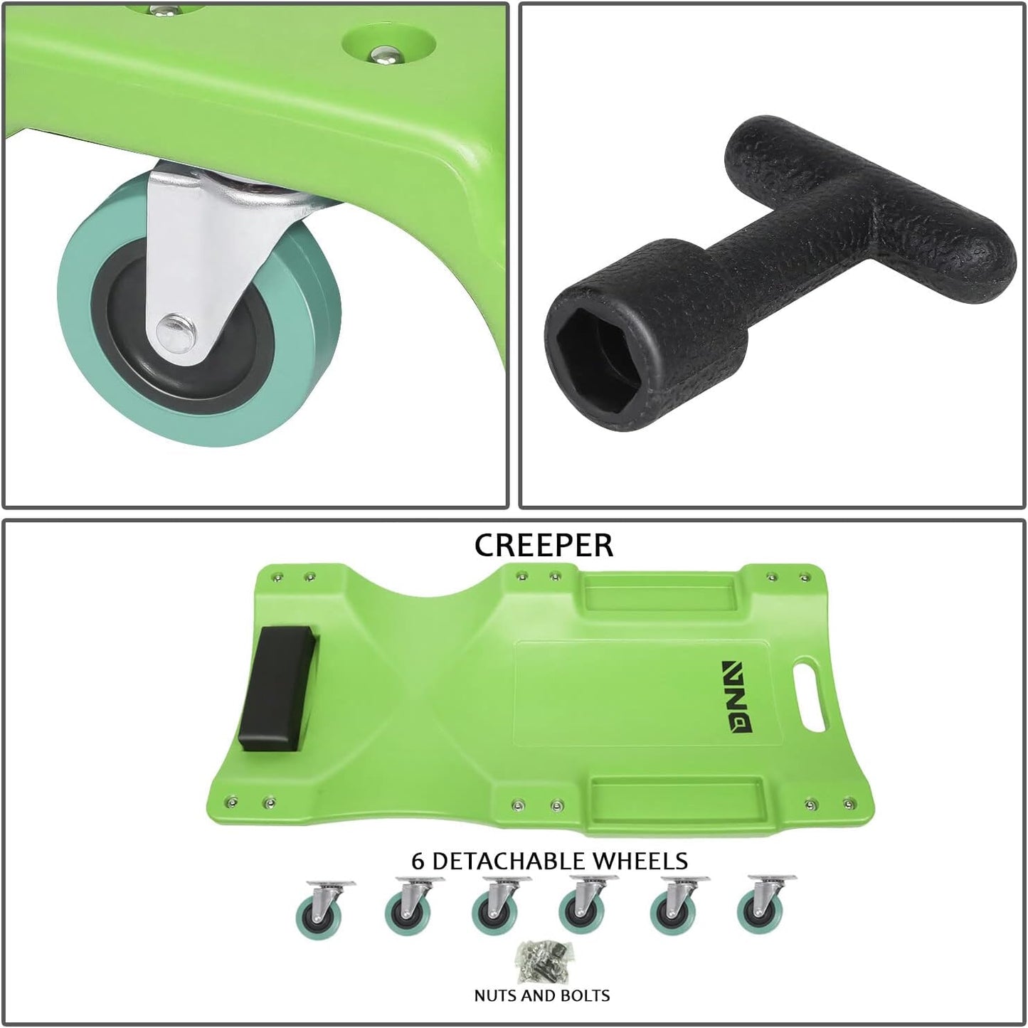DNA MOTORING 40Inch Low Profile Plastic Rolling Garage Shop Creeper with Padded Headrest,Tool Trays & 6pcs Casters,Green, TOOLS-00218
