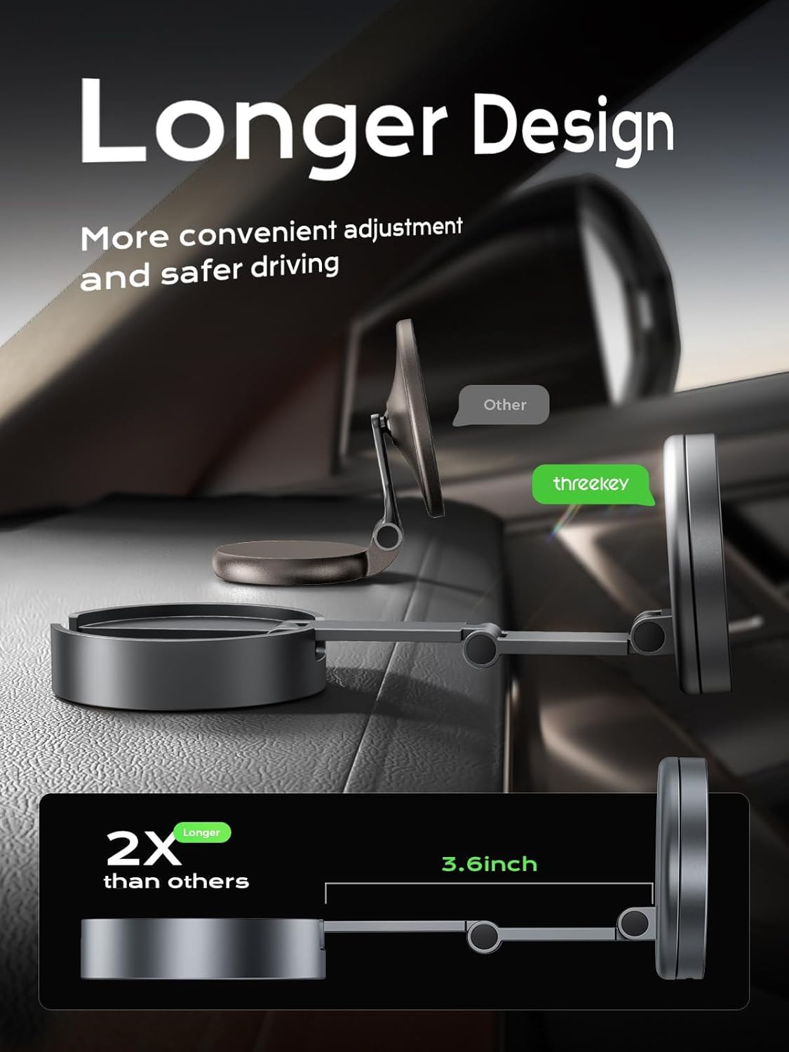 THREEKEY for MagSafe Car Mount Charger, Qi2 Wireless Car Charger, Retractable Car Phone Holder with Long Arm & 360°Rotation, Magnetic Car Mount for iPhone16-12Series & Galaxy S25 Ultra (TZH101 Bronze)