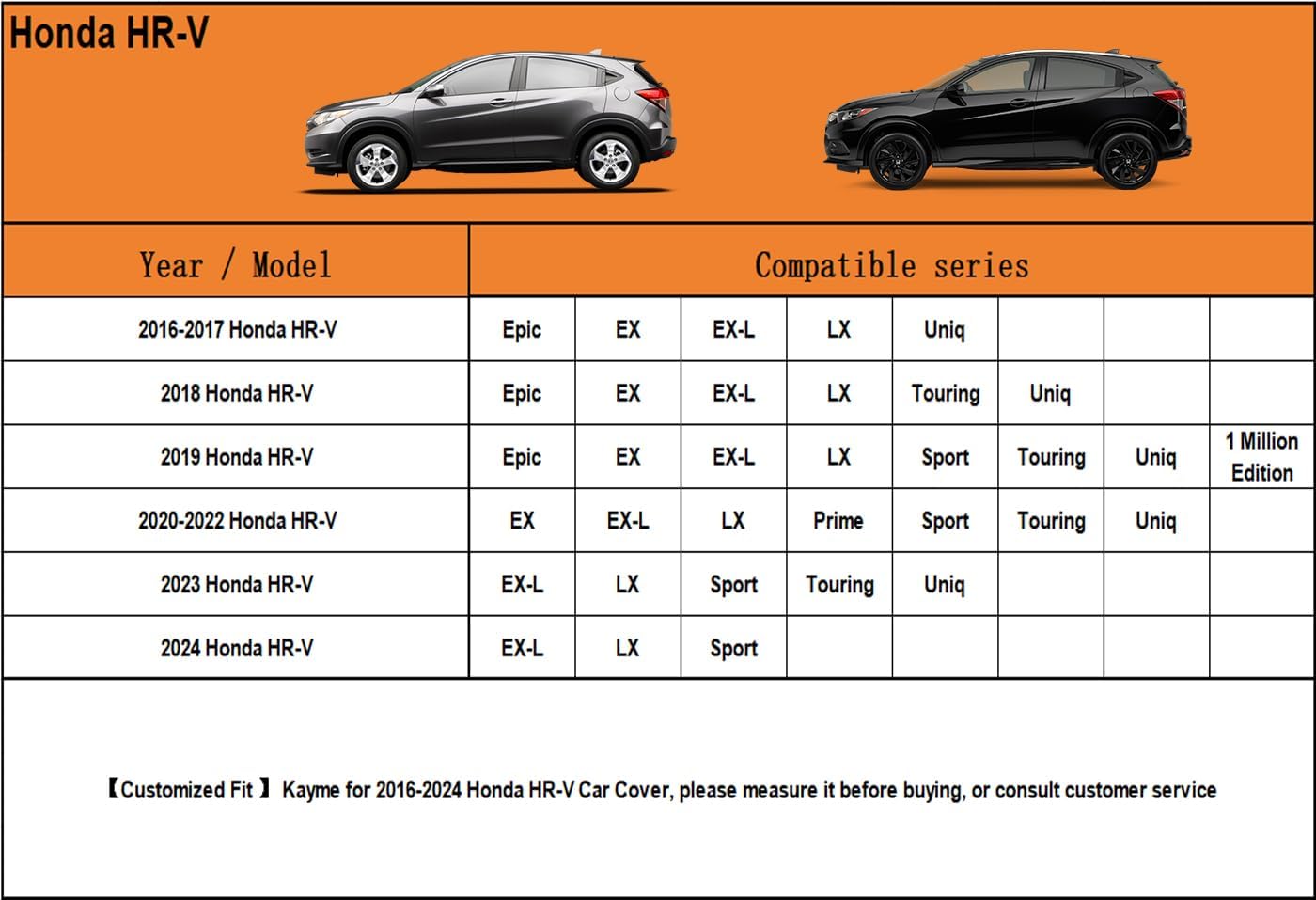Kayme 6 Layers SUV Car Cover Custom Fit for Honda HR-V HRV (1995-2025) Waterproof All Weather for Automobiles, Outdoor Full Cover Rain Sun UV Protection.Silver
