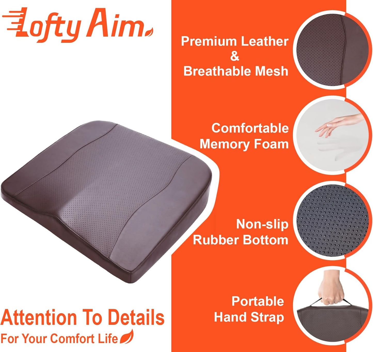 Car Seat Cushion, Comfort Memory Foam Car Cushions for Driving - Sciatica & Lower Back Pain Relief, Driver Seat Pillow for Auto, Office Chair, Wheelchair - Classic Brown
