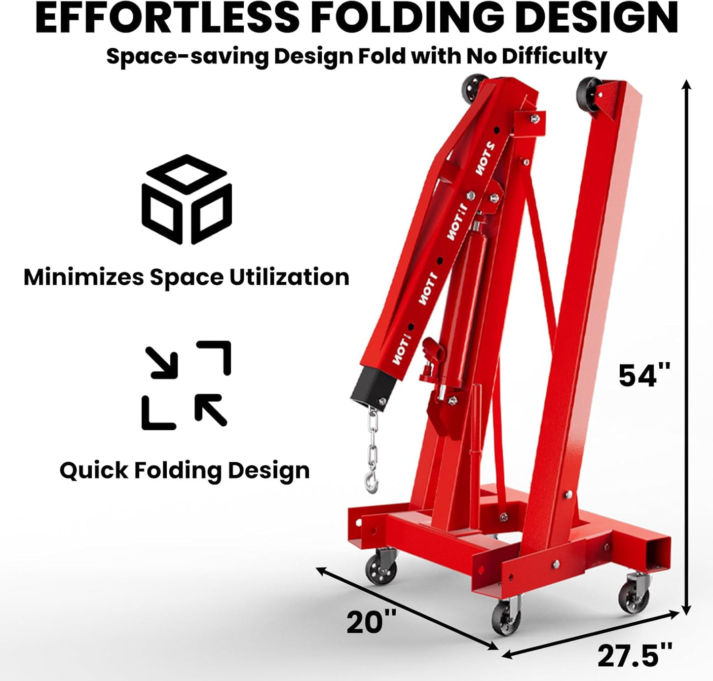 5000 LBS Engine Hoist with Load Leveler, Heavy Duty Alloy Steel Folding Cherry Picker Engine Hoist with 8 Ton Hydraulic Long Ram Jack, Ease of Assembly 2 Ton Engine Hoist for Workshop Warehouse Garage