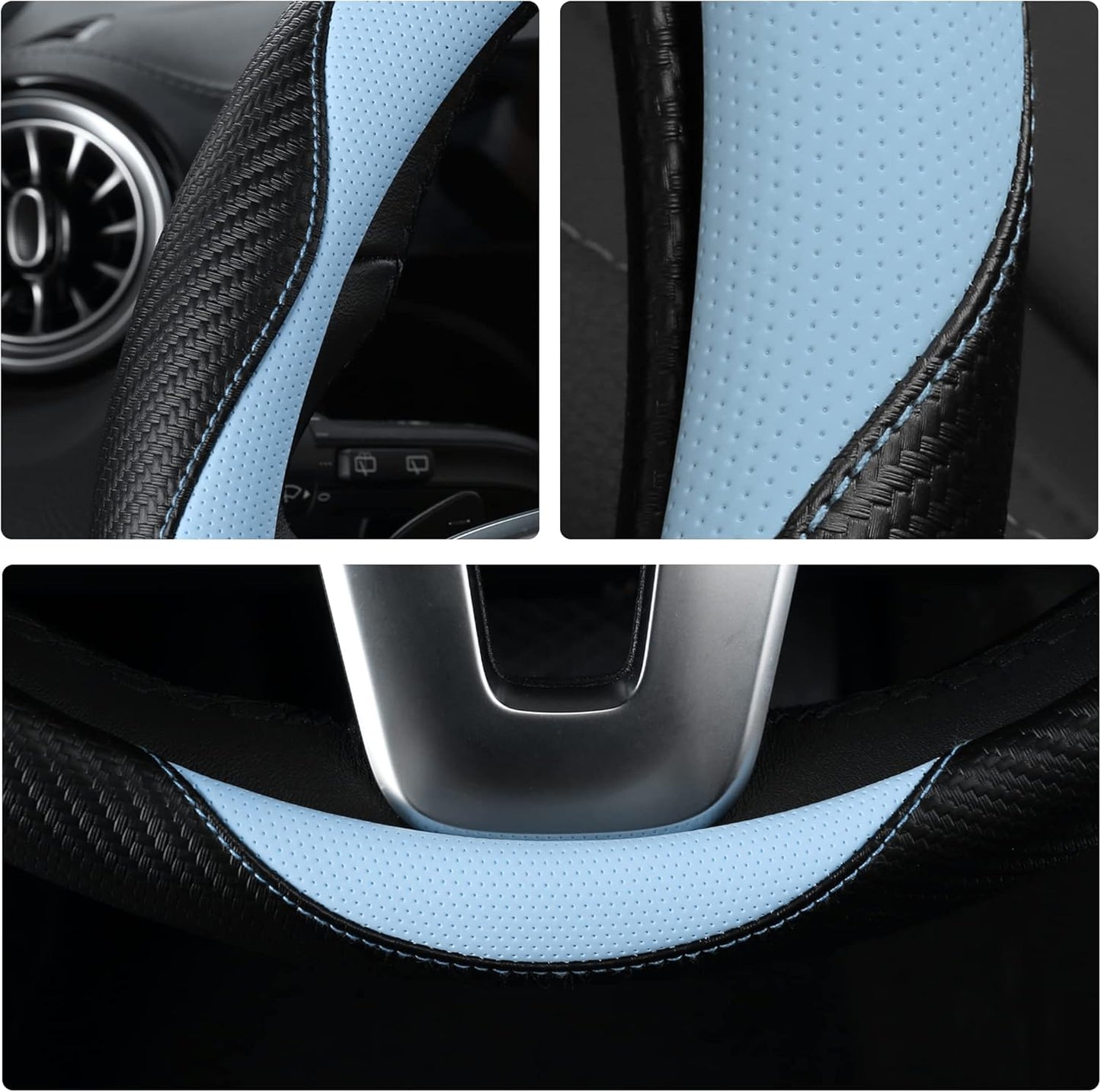 Car Steering Wheel Covers for Women Padded Carbon Fiber PU Leather Cute Auto Interior Accessories for Vehicle, Sedan, Universal, Anti Slip, Blue, Standard Size 14.5-15"(37-38cm)