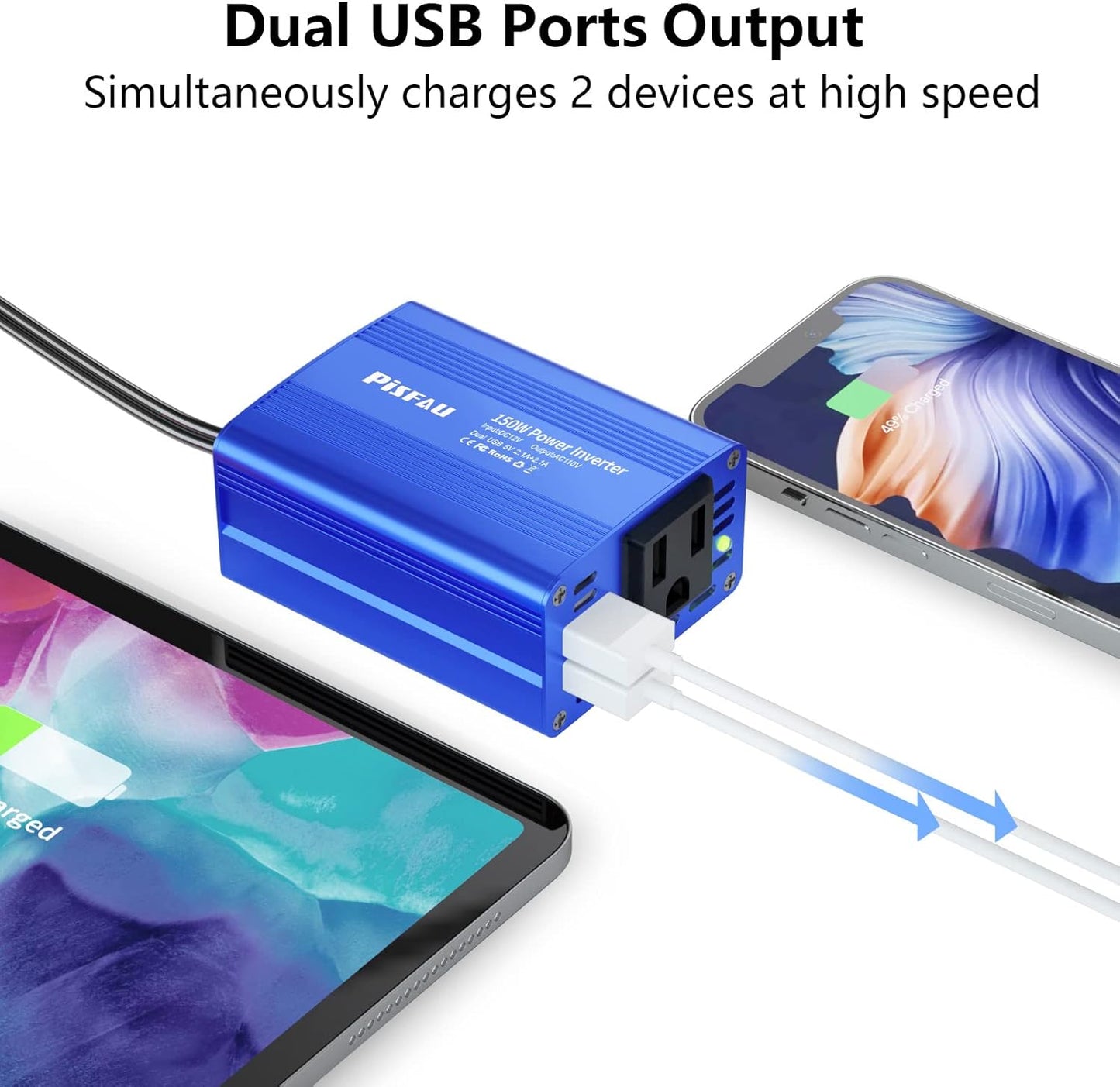 150W Car Power Inverter DC 12V to 110V AC Converter with 3.1A Dual USB Power inverters for Vehicles,Road Trip Essentials Camping Accessories Blue