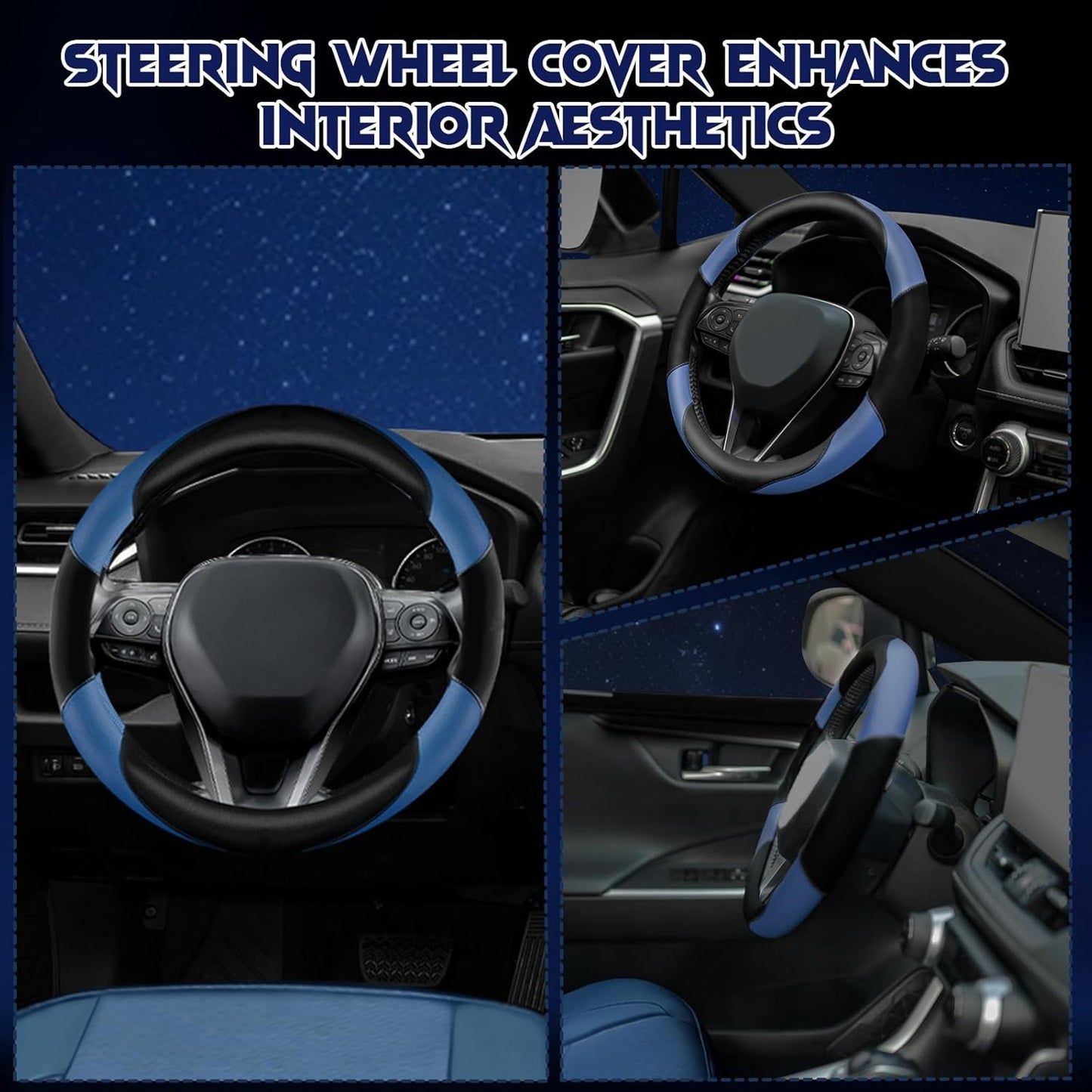 Soft Leather Steering Wheel Cover with Breathable Design and Anti-Slip Grip, Fully Compatible with Tesla, Toyota, Honda, Nissan 14.2-14.96 inch Round Steering Wheel(Sedans and SUVs)