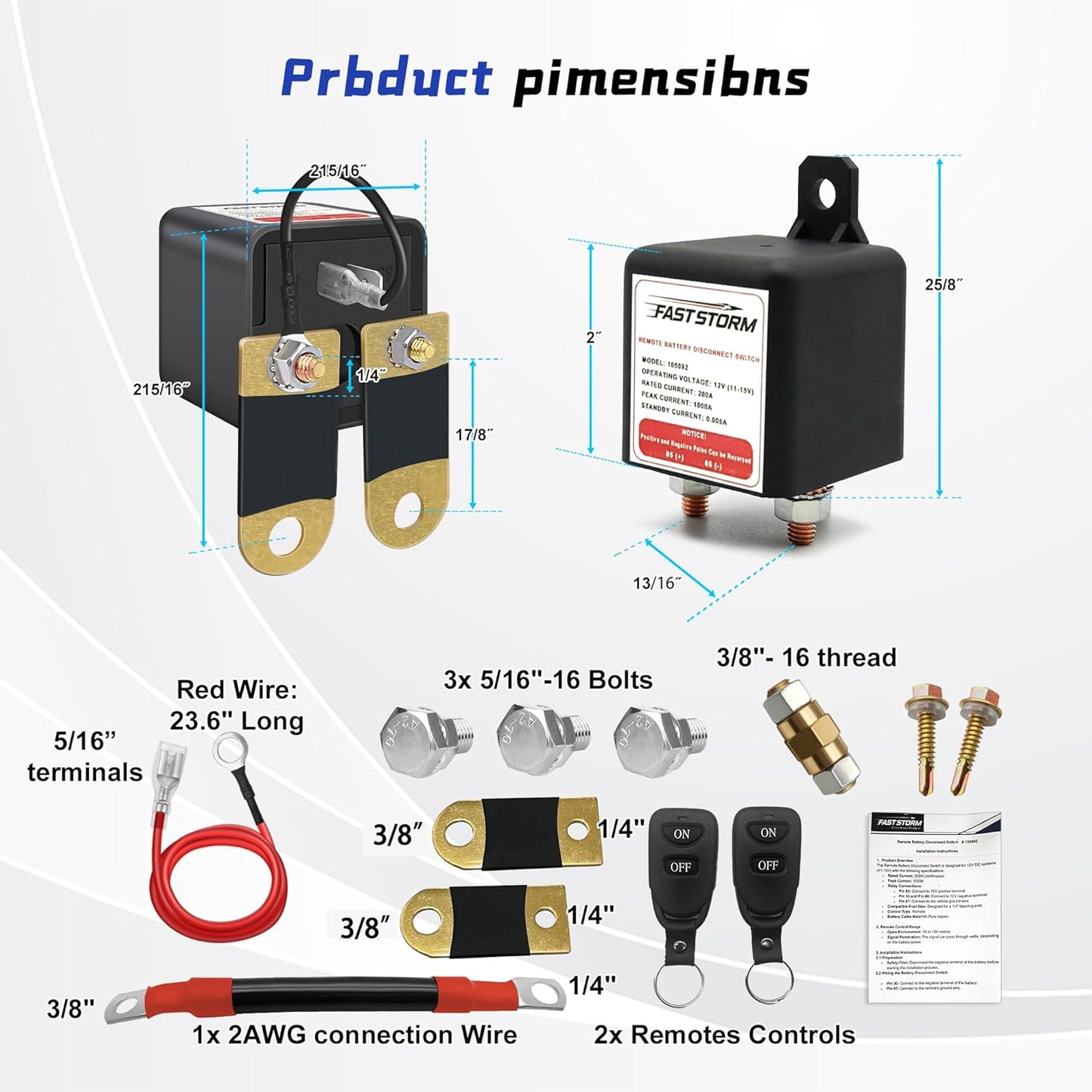 3/8" Side Post Remote Battery Disconnect Switch 12V Battery Kill Switch for Car Truck UTV ATV Marine On/Off 200/1000 AMP Heavy Duty Anti Theft Battery Cut/Shut Off Switch