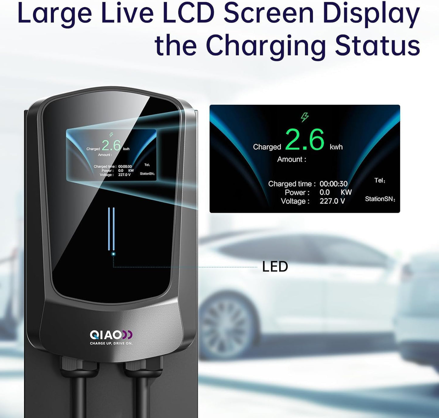 QIAO Level 2 EV Charger, Up to 40A Electric Car Charger, Wi-Fi Bluetooth APP Enabled EVSE, 4.3in Display, 25ft Cable, NEMA 14-50 Plug Charge Station Compatible with All SAE J1772 EV Models Black
