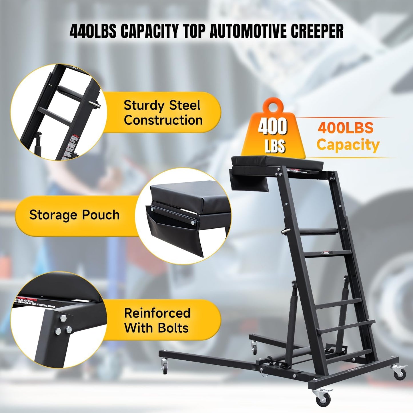 Adjustable Topside Creeper Automotive Engine Creeper 47''-65'', 440 LBS Capacity, 4 Swivel Caster Wheels (2 with Brakes), Padded Deck for Home Garage, Workshop Repair Maintenance
