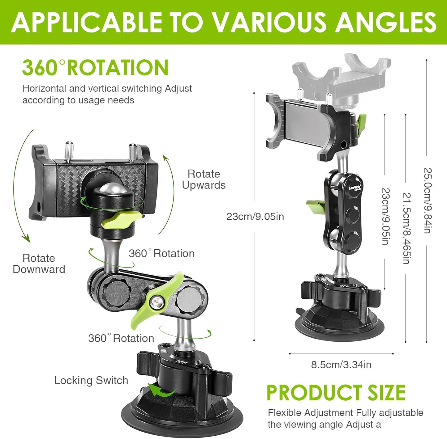 Suction Cup Phone Mount 360 Rotating Universal Ball Head Arm for Car Dashboard Windshield Vehicle Sunroof (Black)