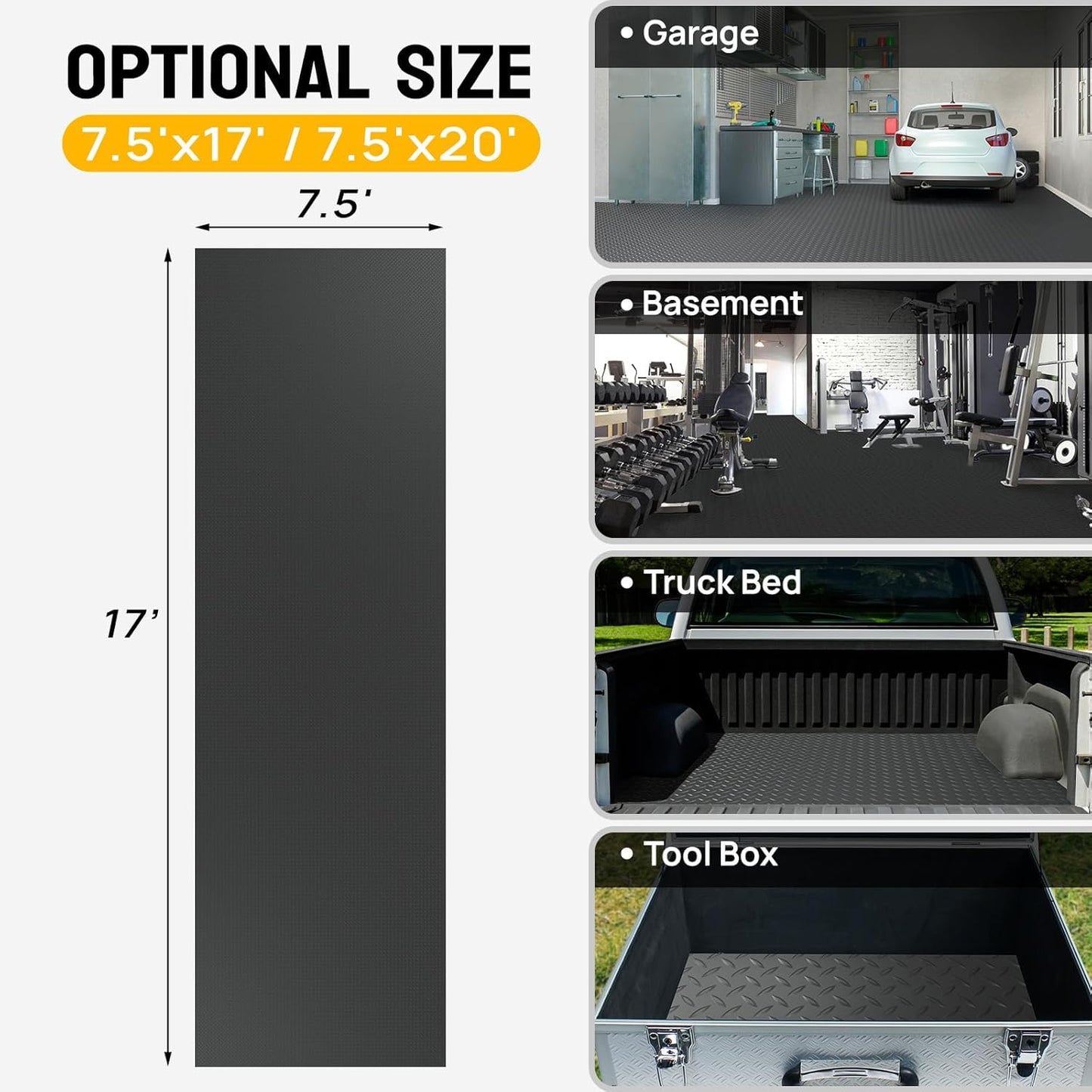 TUFFIOM 7.5 x 17 FT Garage Floor Mat, Thickened Diamond Plate PVC Garage Mats Flooring Roll for Under Car, Garage Car Parking Mats for Compact SUVS, Sports Car