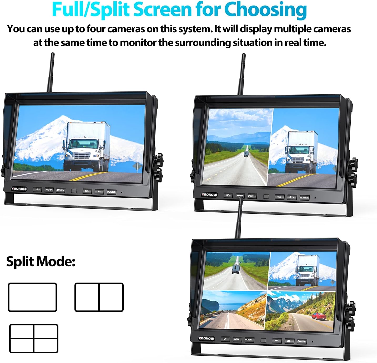 Fookoo HD 1080P 10" Wireless Backup Camera System, 10-inch Quad Split Screen Monitor w/Recording, IP69 Waterproof Side Rear View Cameras, Digital Signal, Parking Lines for RV/Truck/Trailer