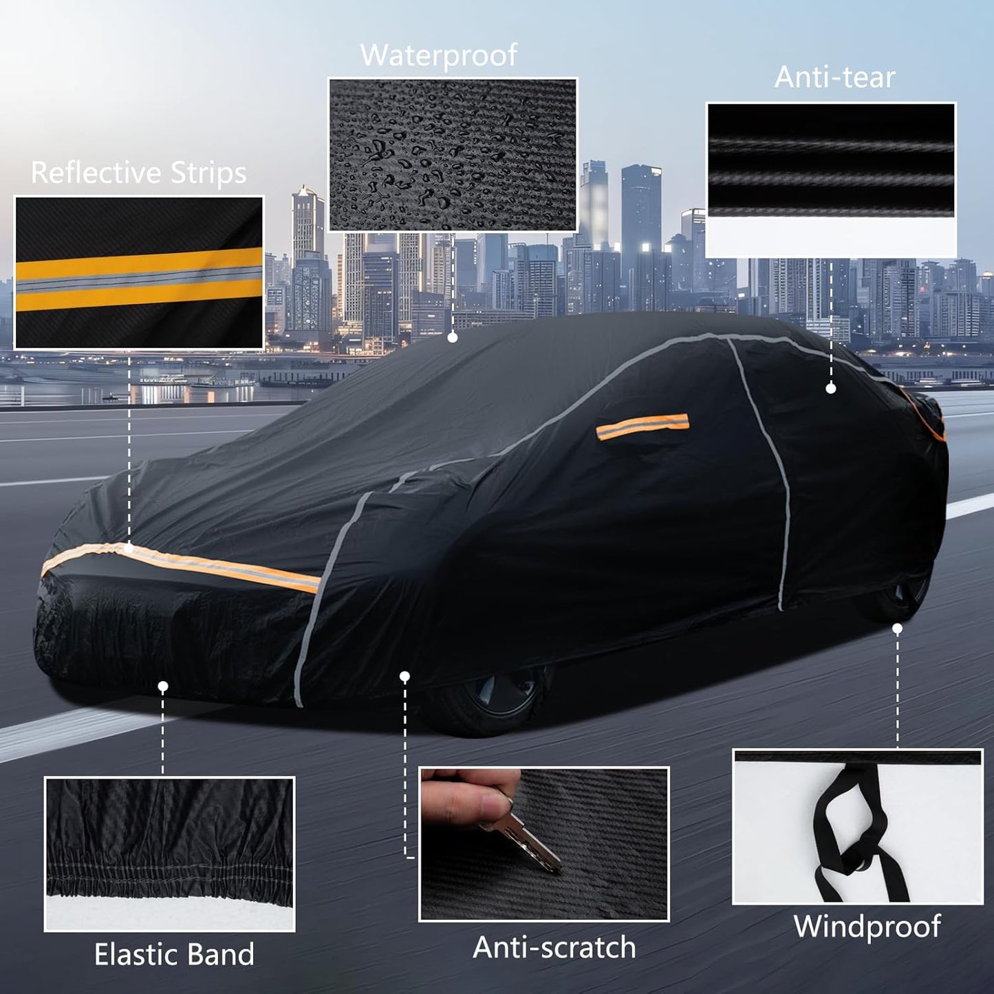 Car Cover Waterproof All Weather,6 Layers Car Covers for Automobiles, Full Exterior Cover with Zipper, Outdoor Car Cover Sun UV Rain Snow Wind Protection, Fit for 180"(180*70*59 inch)Sedan