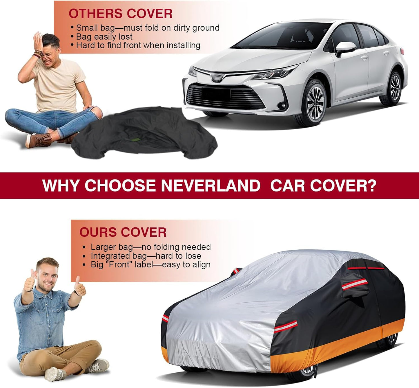 NEVERLAND Car Cover - Car Cover Waterproof All Weather Snowproof UV Protection Windproof Full Car Covers with Side Door Zipper,Reflective Strips,Storage Bag Full Exterior Covers for Sedan L(177"-183")