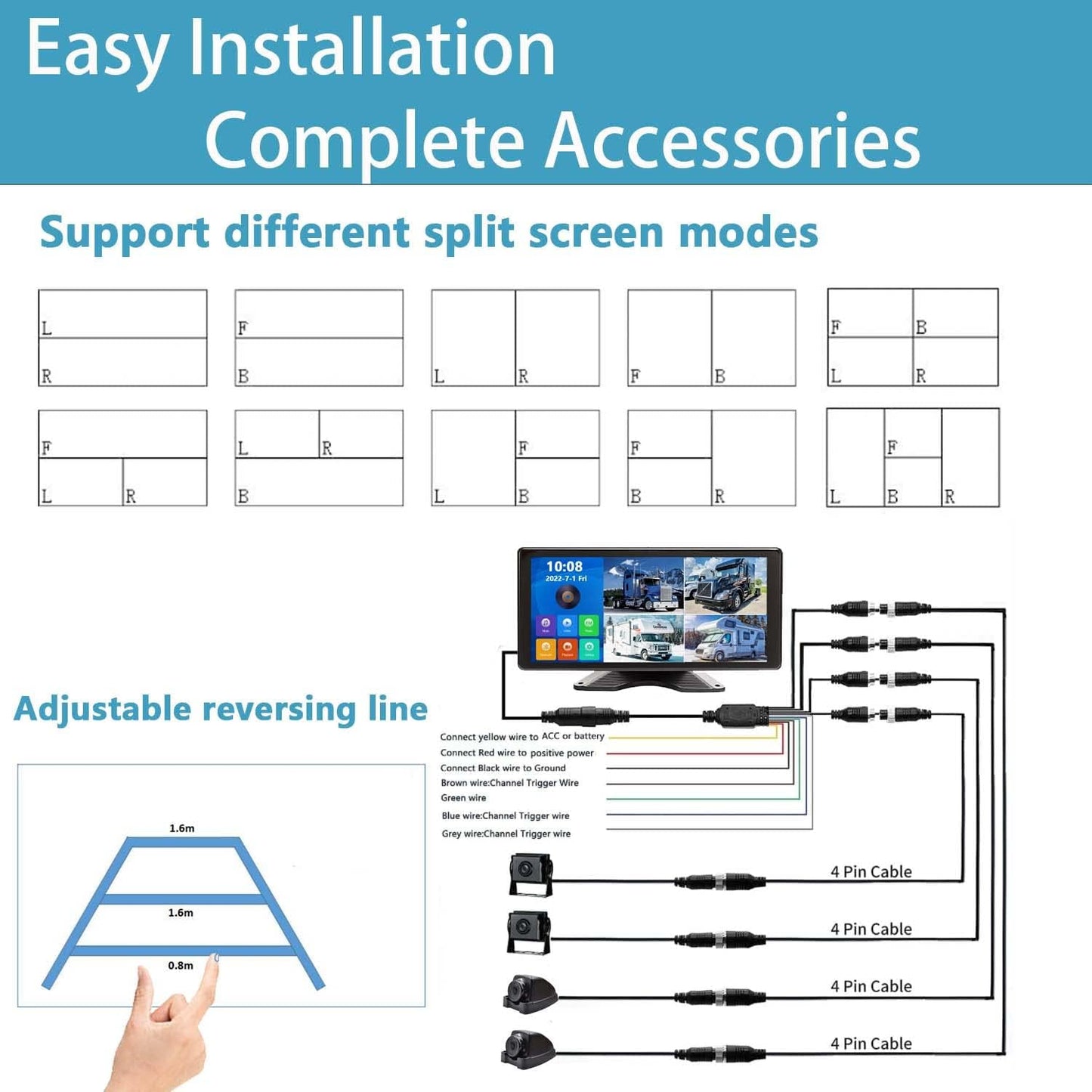 Skid Steer Touchable Screen 128GB Large Audio 1080P 2 Split Image 11 Inch Monitor Backup Camera Built-in DVR Video for RV Truck Trailer Rear Front Reversing Wired Waterproof System D102