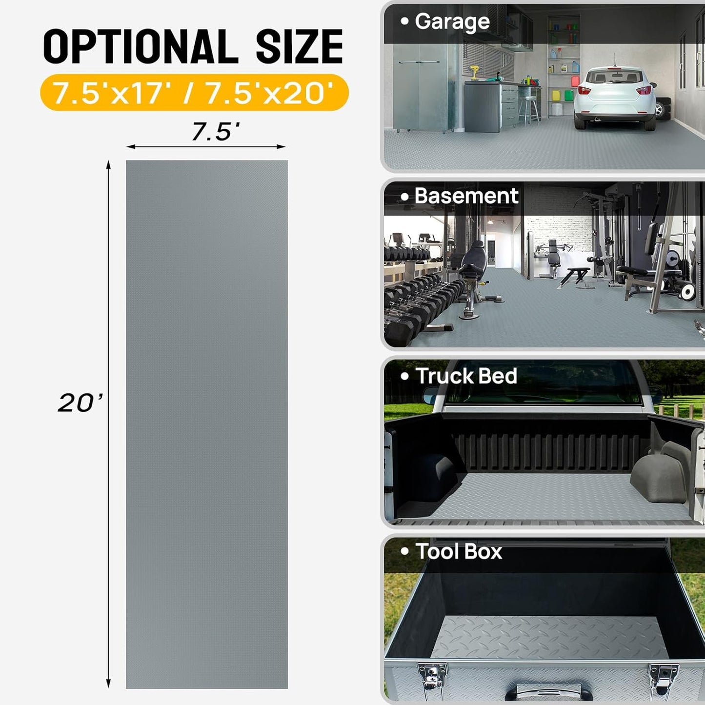 TUFFIOM 7.5 x 20 FT Garage Floor Mat, Thickened Diamond Plate PVC Garage Mats Flooring Roll for Under Car, Garage Parking Mats for Floor Large SUVs, MPV, Pickup Truck