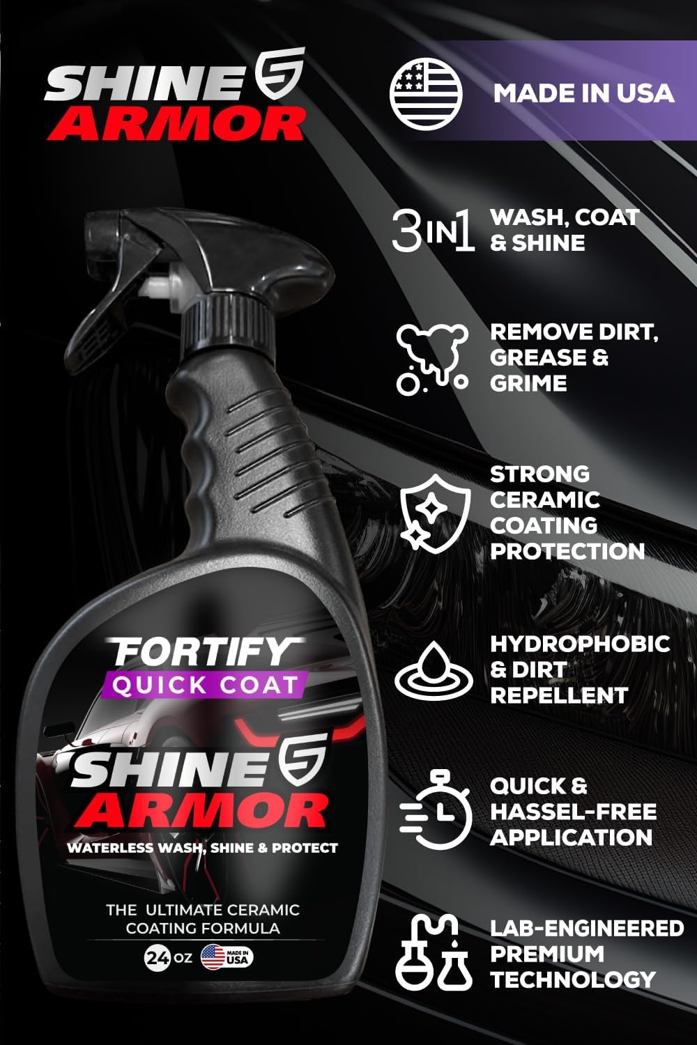 SHINE ARMOR Ceramic Coating Fortify Quick Coat Car Wax Polish Spray Waterless Wash & Wax Hydrophobic Top Coat Polish & Polymer Paint Sealant Detail Protection (24 Fl Oz)