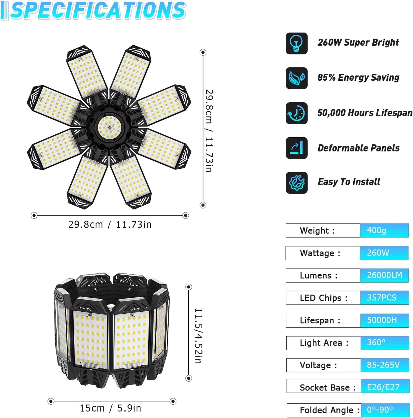 ISKYDRAW LED Garage Lights 2 Pack, 260W 26000LM Bright Shop Light with 8+1 Deformable Panels, 6500K Garage Ceiling Light Screw Into E26 E27 Bulb Socket Bay Lighting for Workshop Basement Barn Attic