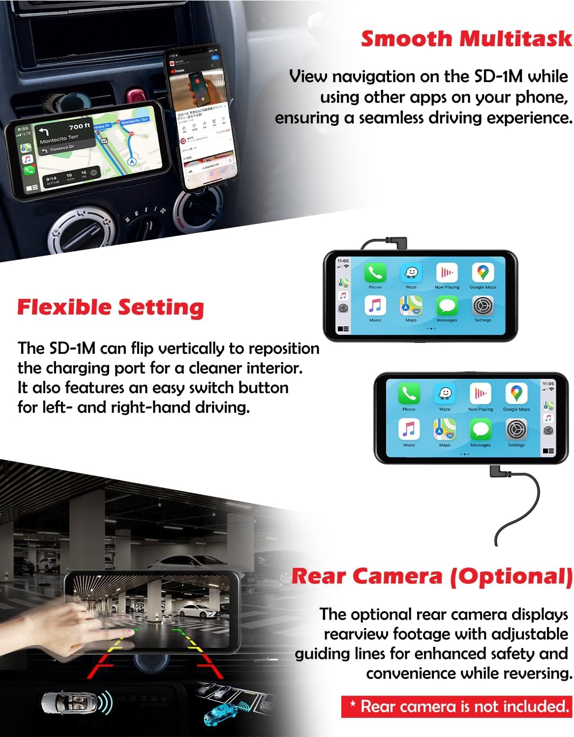 NikoMaku Wireless Carplay Screen, Portable Android Auto Car Stereo with Easy Setup Magnetic Mount, Compact Carplay Screen for Vehicle, Airplay, Mirror Link, Map Navigation, SD-1M (6.25 in)