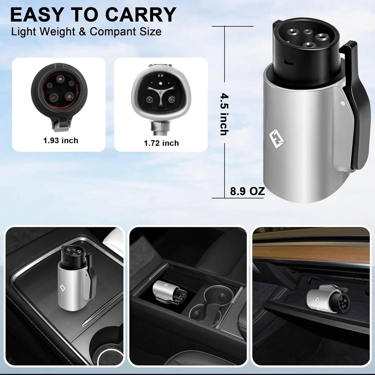 Tesla to J1772 Adapter, for All J1772 EV, 80A 250V Max, Portable and Outdoor EV Adapter, for Tesla High Powered Connectors, Destination Charger, Mobile Charger, Wall Charger, (Silver)