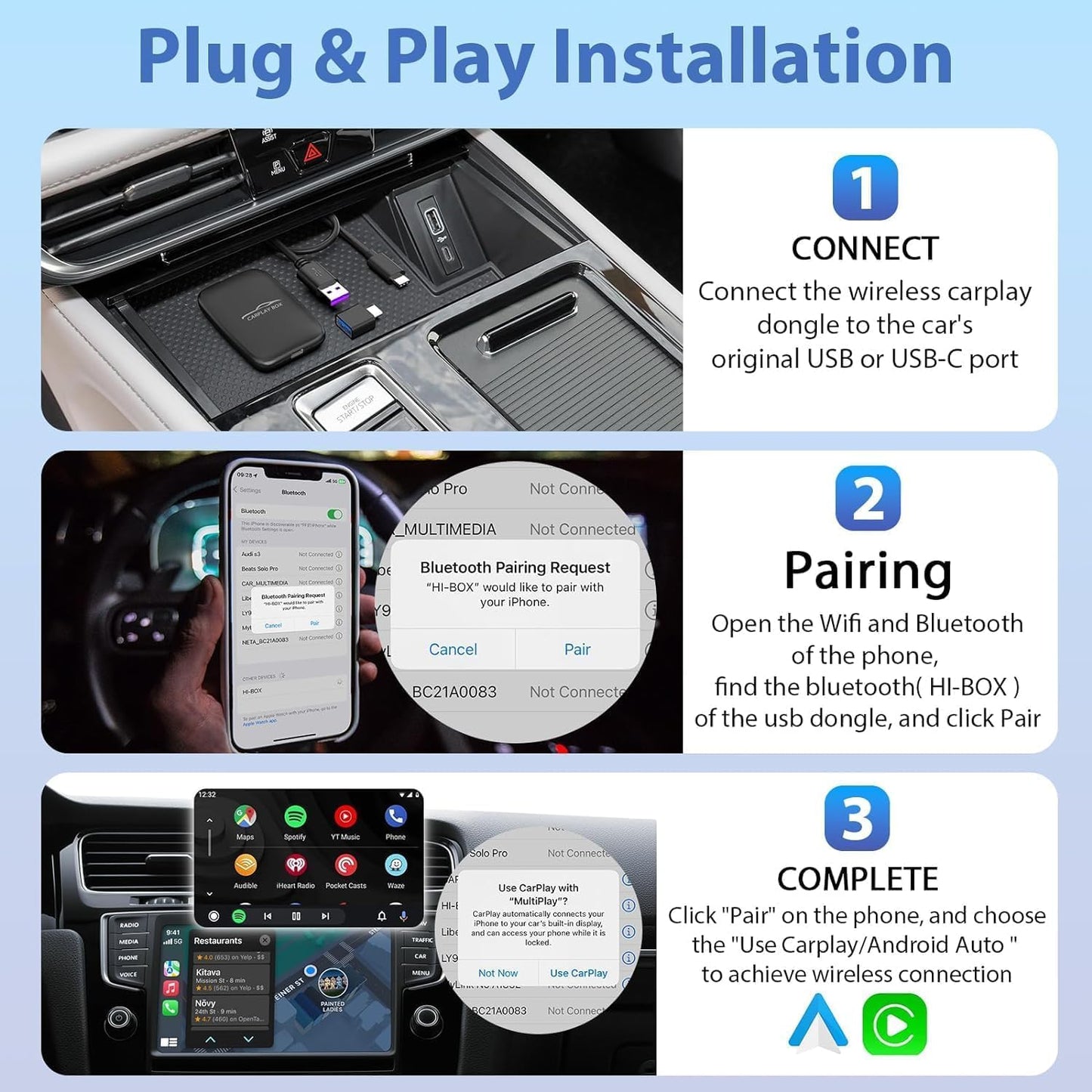 2025 Upgraded Wireless Carplay and Android Auto Dongle Support Netflix/YouTube,Car Play Ai Box with USBA-C and USBC-C Cable for iPhone Android,Convert Wired to Wireless CarPlay Stream to Your Car