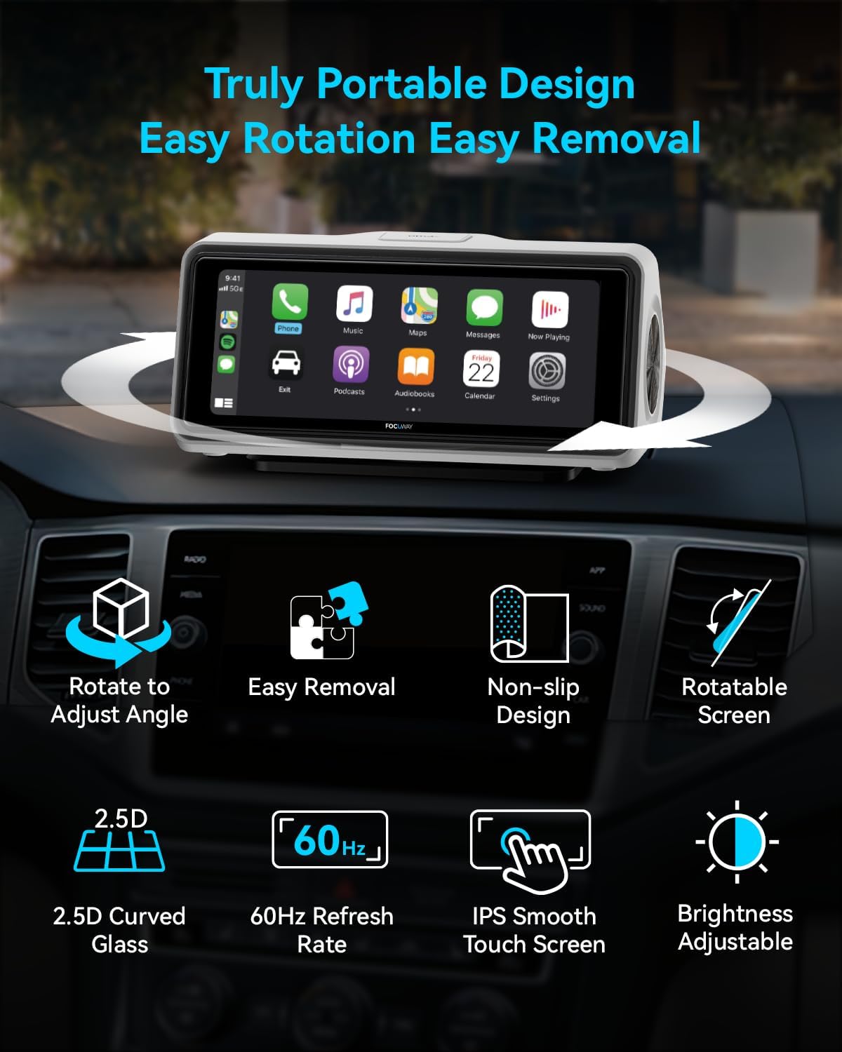 Portable Apple Carplay Screen for Car, Touch Screen with Wireless Android Auto, Car Audio Receivers with Voice Control, Mirror Link, Music Play, GPS Navigation, Built-in Customized Speakers (White)