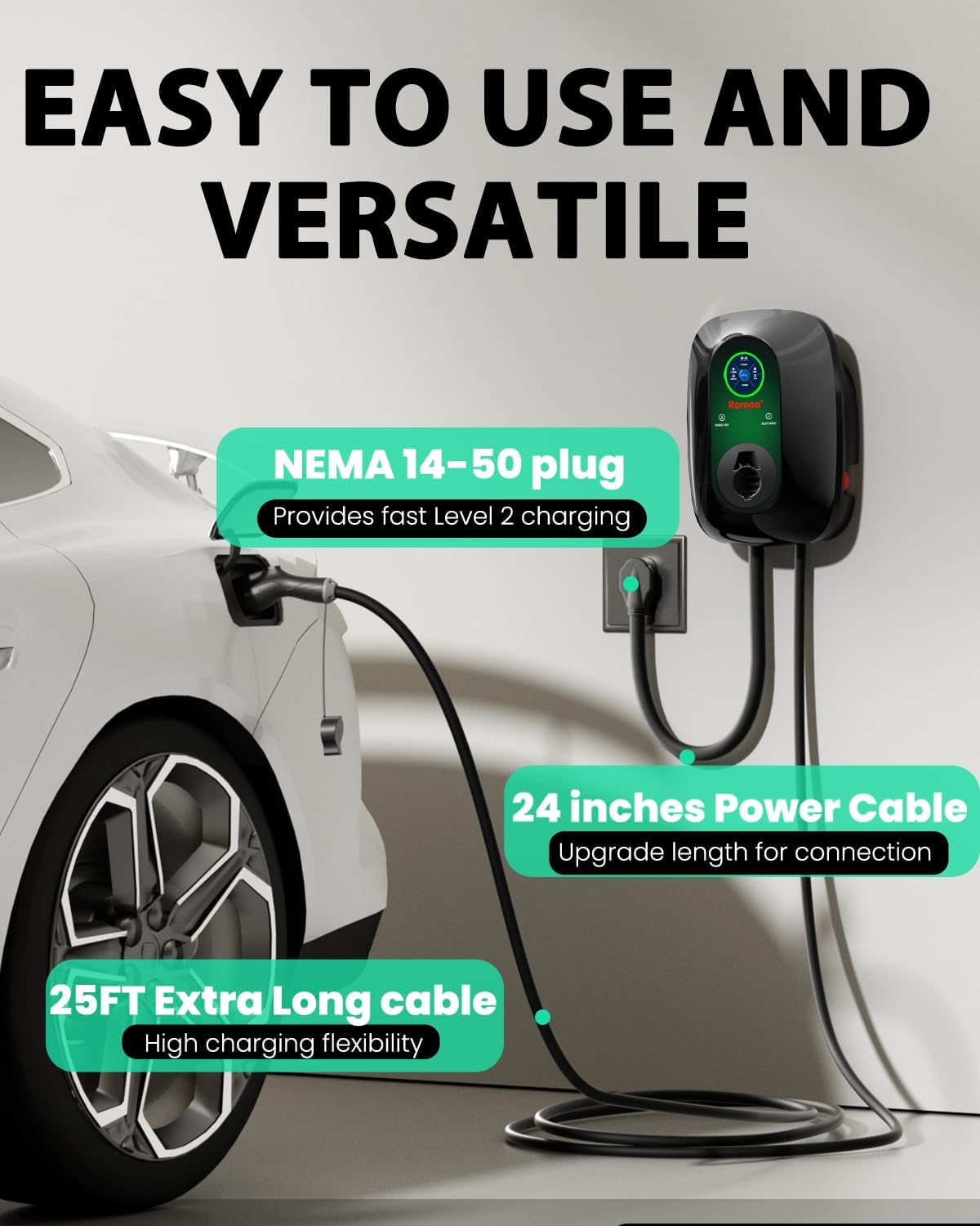 Level 2 EV Charger 40Amp, 240V Electric Vehicle Charging Stations, NEMA 14-50 EVSE J1772 Connector, Smart WiFi Control, 25' Cord Electric Car Charger for Home, ETL FCC