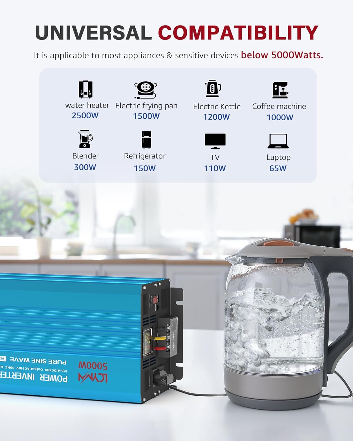 Power Inverter 5000 Watt Pure Sine Wave 48V DC to 110V/120V AC 10000W Peak Converter for Family RV Solar System with 2 AC Outlets LCD Display Remote Control 0.5A USB Charging Port and Wiring Terminal