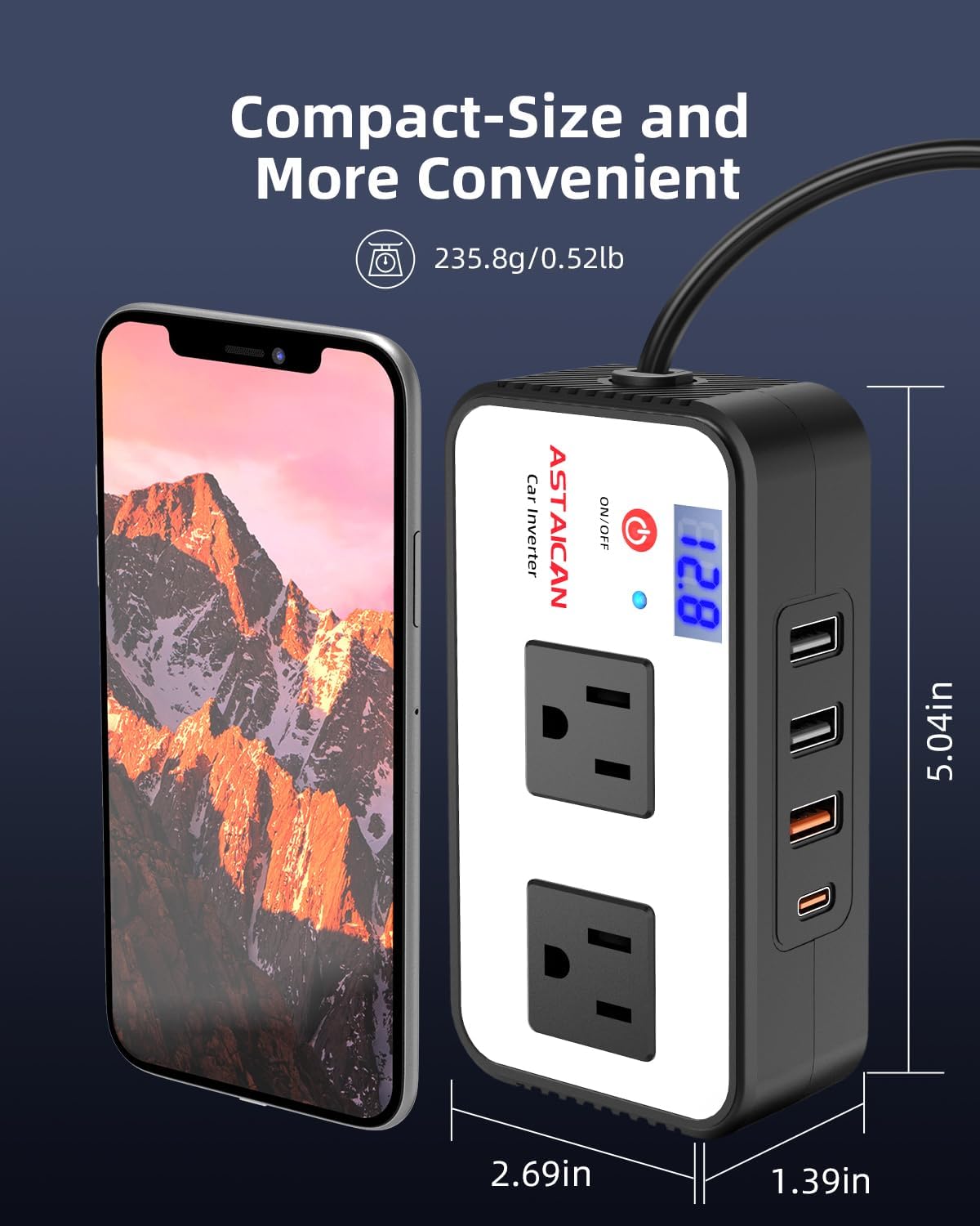 200W Car Power Inverter, DC 12V to 110V AC Car Plug Adapter with 20W USB-C & 18W USB-A Dual AC Outlet, PD/QC Fast Car Charger for Laptop, Vehicles, Road Trip Essentials, White