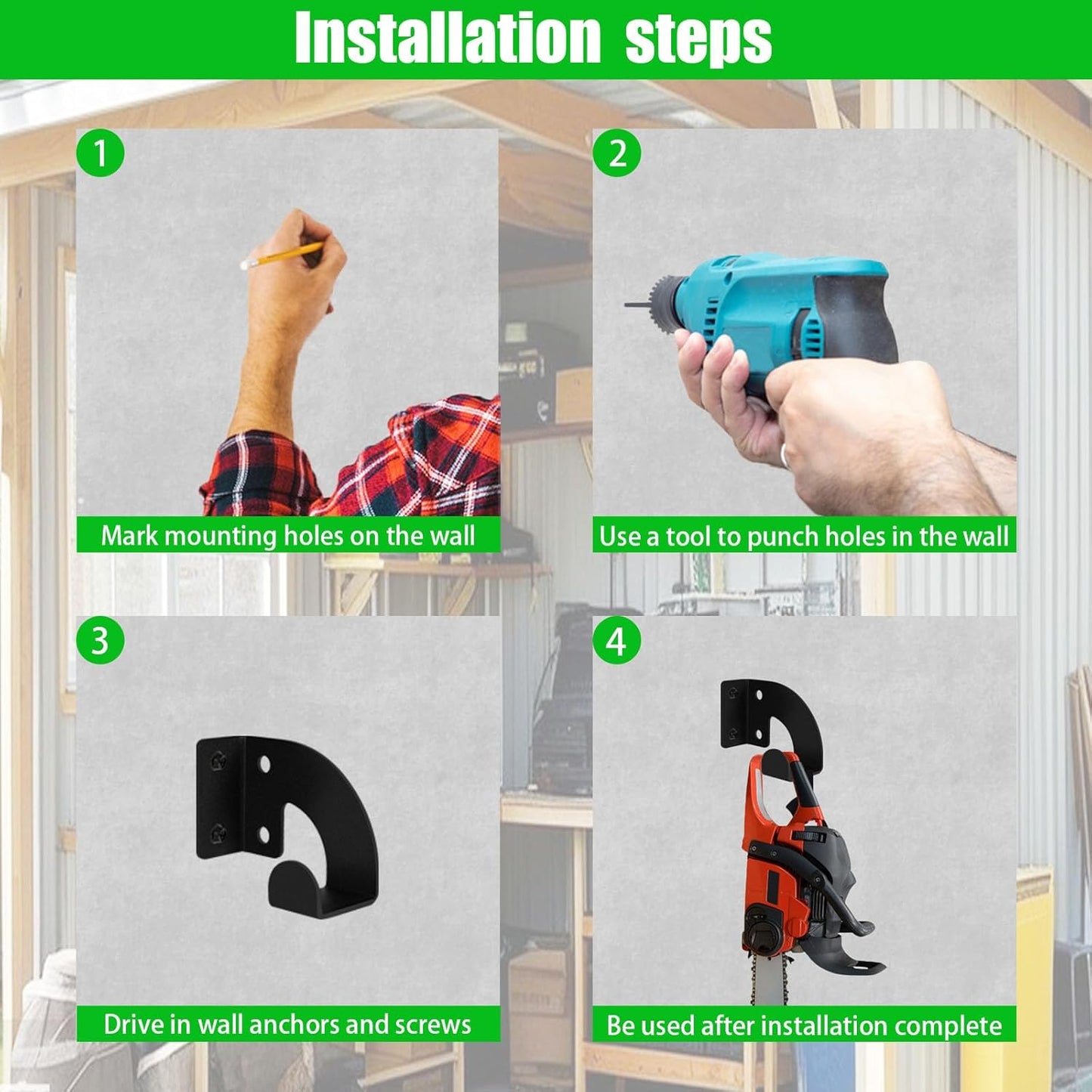 2PCS Chainsaw Hanger, Heavy Duty Chainsaw Wall Mount Holder, Organizer Mounted Chainsaw Rack, Chain Saw Hanger for Garden, Garage, Workshop, Black Metal