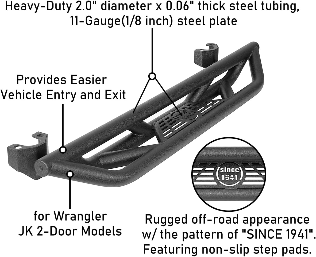 u-Box JK 2-Door Side Steps Running Boards, Drop Tubular Nerf Step Bars w/Non-Slip Pad for 2007-2018 Jeep Wrangler JK 2-Door