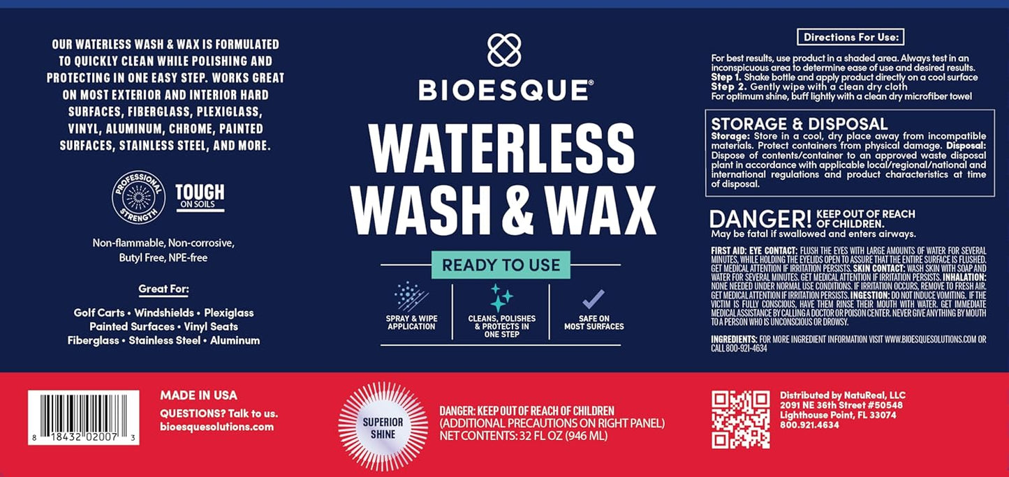 Bioesque Waterless Wash & Wax, Ready to Use Formula for Cars, Trucks, Boats, RVs, Motorcycles, & More, 32 Fl Oz (Pack of 1)