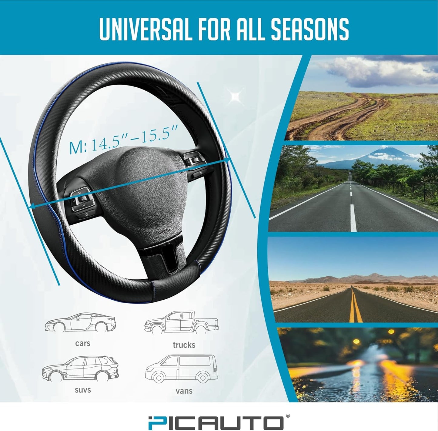 PIC AUTO Steering Wheel Cover, Blue Piping Leather, Sports Carbon Fiber and Super Breathable Leather, Universal 14.5-15.5 Inch Anti-Slip Steering Wheels Accessories for Men & Women