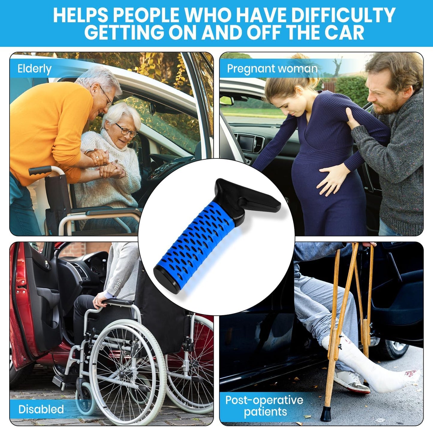 Car Door Handle for Elderly, Car Handle Assist Support, Portable Elderly Assistance Mobility Aids for Getting Out of Car, Auto Grab Cane Nylon Strap for Seniors and Handicapped, Blue