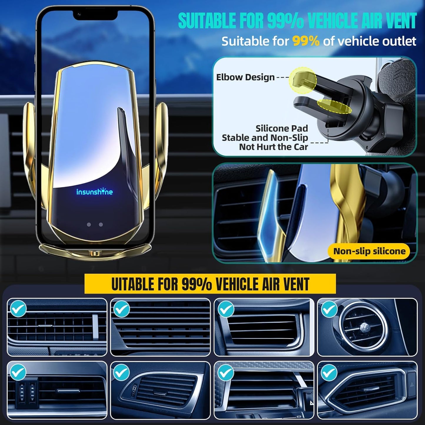 Wireless Car Charger, MAX 15W Fast Charging Auto Clamping, Sensing Phone Holder Mount, fit for iPhone 16 15 14 13 12 Pro Max Xs X, Samsung Galaxy S24 Ultra S23 S22 S21 S20 Note20 (5-Golden)