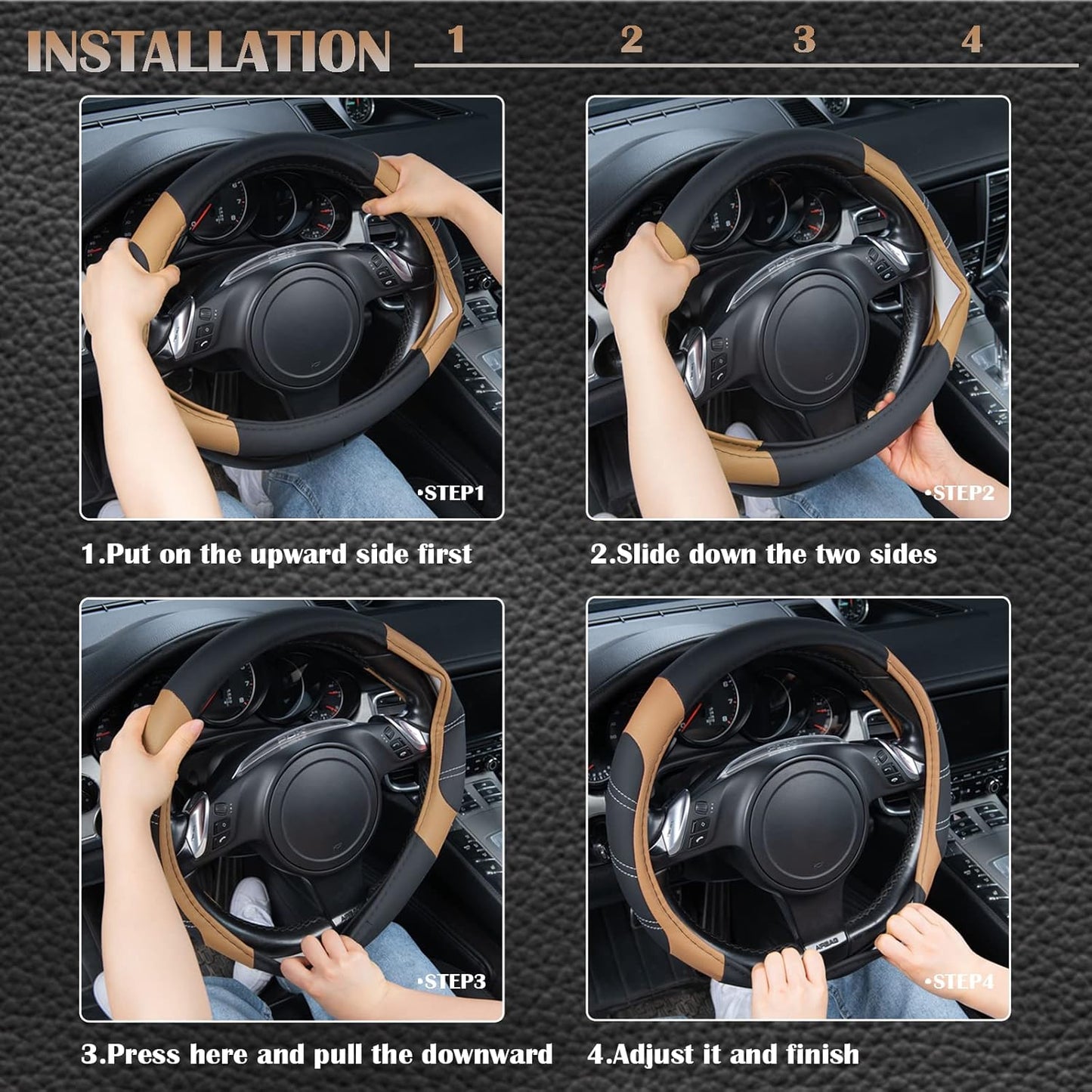 CAR PASS Line Rider Microfiber Leather Sporty 14.5-15 inch Steering Wheel Cover Universal Fits for 95% Truck,SUV,Cars, Anti-Slip Safety Comfortable Design (Black Beige)