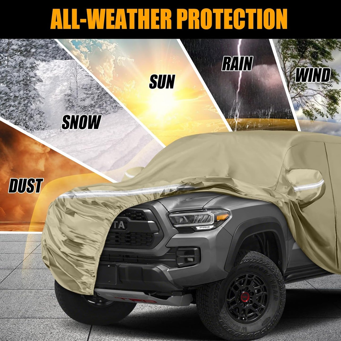 Waterproof Truck Covers Replace for 2005-2025 Toyota Tacoma CrewCab 6ft, Multilayer Heavy Duty with Cotton Liner All Weather Car Cover with Zipper Door, Windproof Bands for Snow Rain Protection
