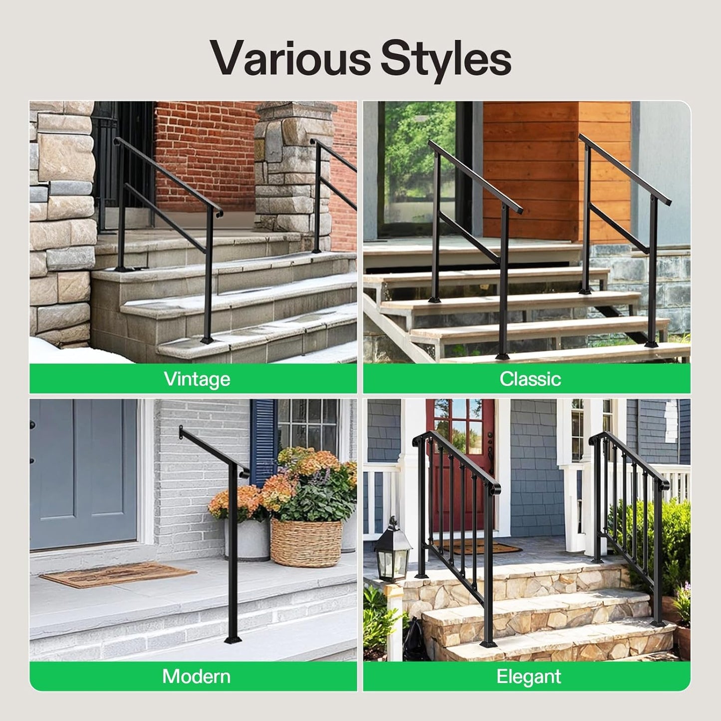 VIVOSUN Outdoor Handrail, 4 Step Stair Handrail, 54" x 36" Fits 1 to 4 Steps, Wrought Mattle Iron Handrail for Concrete Steps, Porch Steps, One-Step Assembly, Black