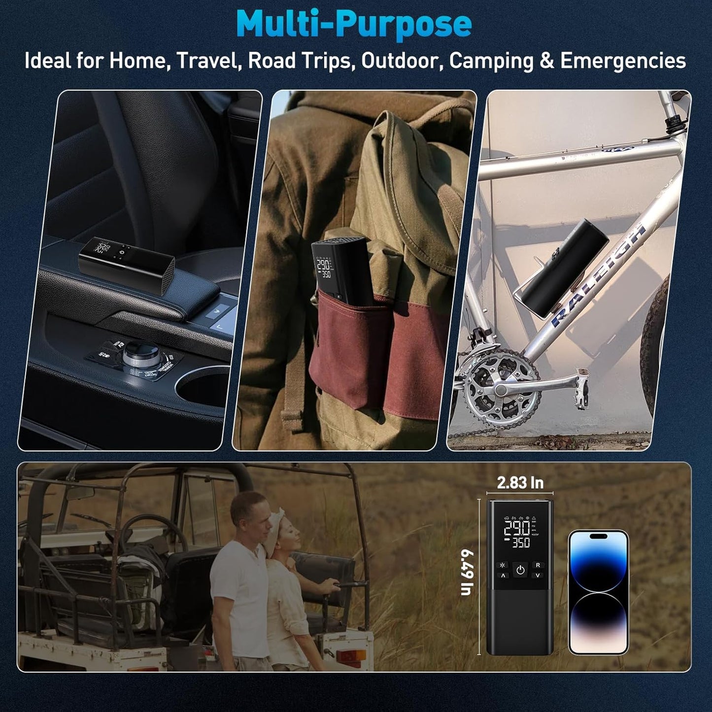 Tire Inflator Portable Air Compressor – Dual Power Mode, Built-in Battery & 12V Car Plug | Fast Inflation, Auto Shut-Off, Dual Pressure Display & LED Light for Cars, Motorcycles, Gifts for Men