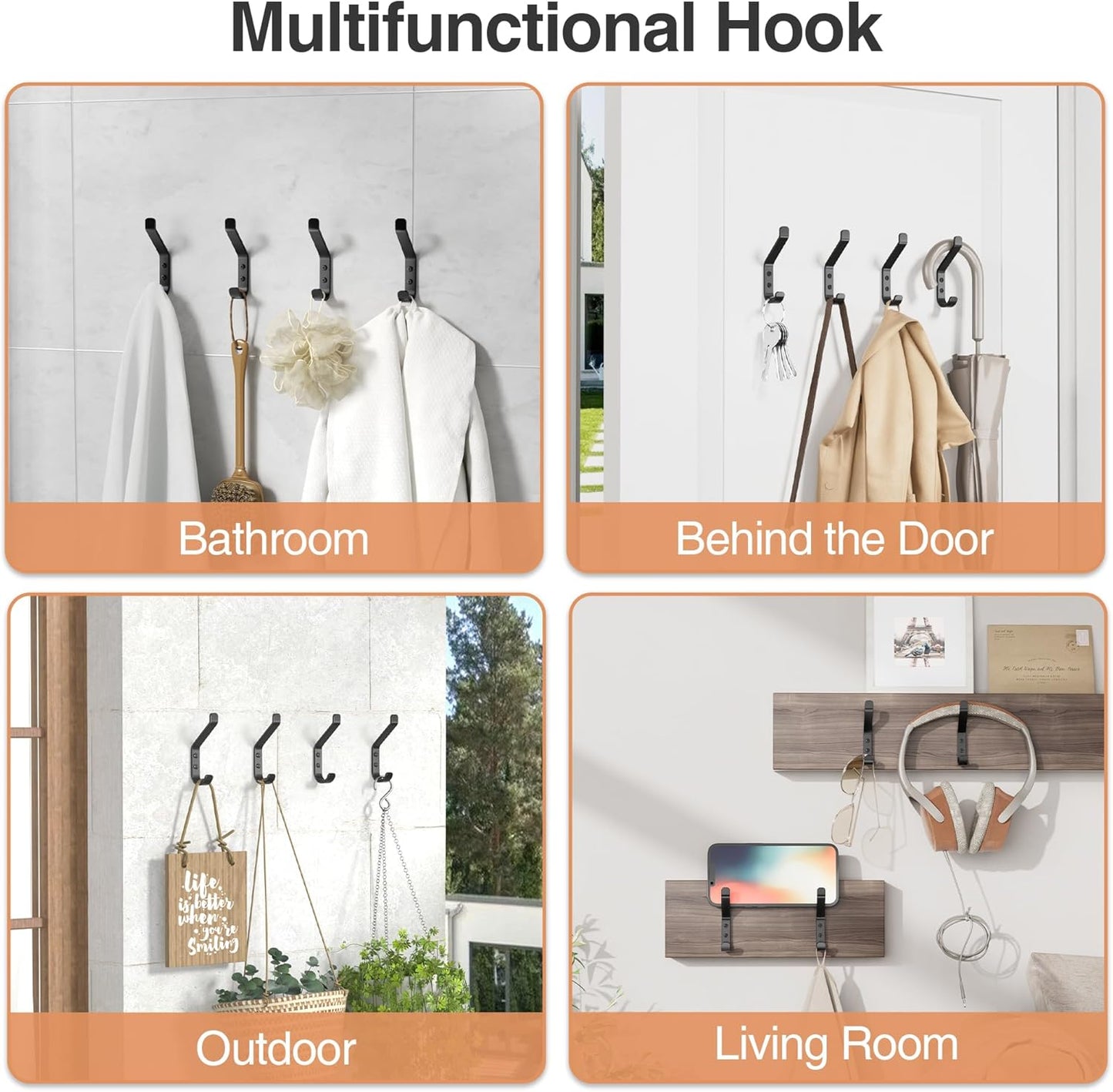 Wall Hook for Hanging Coat - 20LB (Max), Stainless Hooks for Towel, Hat, Backpack, Clothes, Wall Mounted Coat Hanger for Closet, Metal, Black, 6 Pack 3.75“