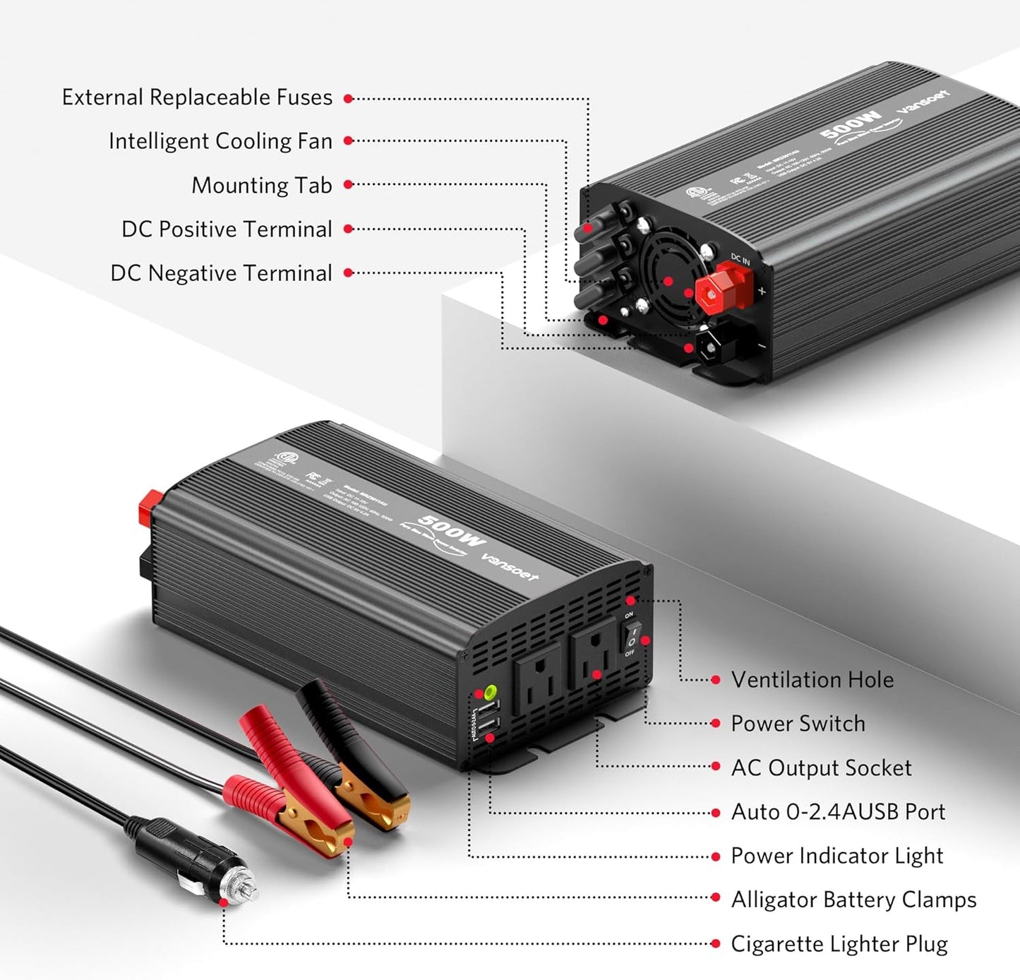 500W Pure Sine Wave Power Inverter, DC 12V to 110V AC Car Plug Inverter Adapter with 4.2A Dual USB Charging Ports and 2 AC Outlets Car Charger (Black)