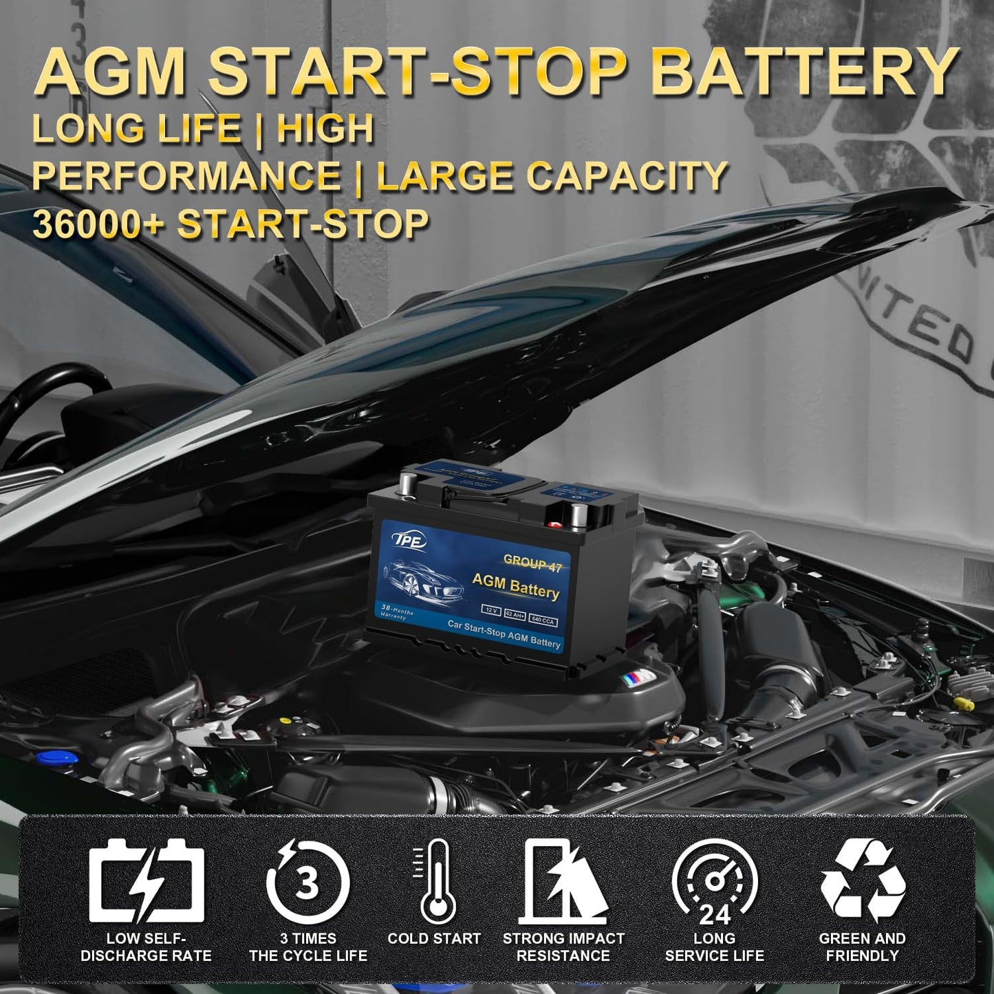 TPE AGM Battery BCI Group 47, Maintenance Free 12V 62Ah, H5 Size, 100RC, 640CCA, Automotive Battery, Reliable Performance for Cars Lead-Acid