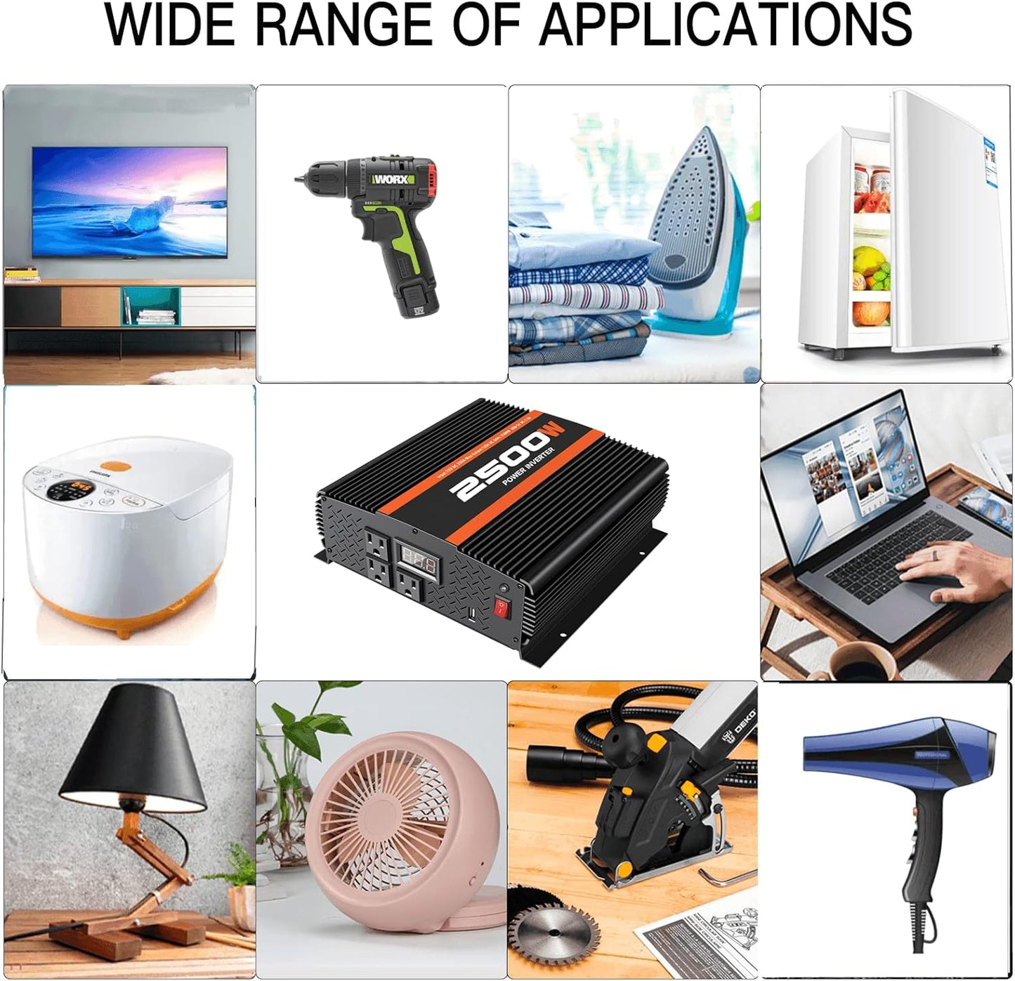 2500 Watt car Power Inverter 12V to 110V /120V, 2000+ watt invertor for RV semi Trucks Vehicles 12V to 110V Converter with 3 AC outles and LCD Screen - 2500W