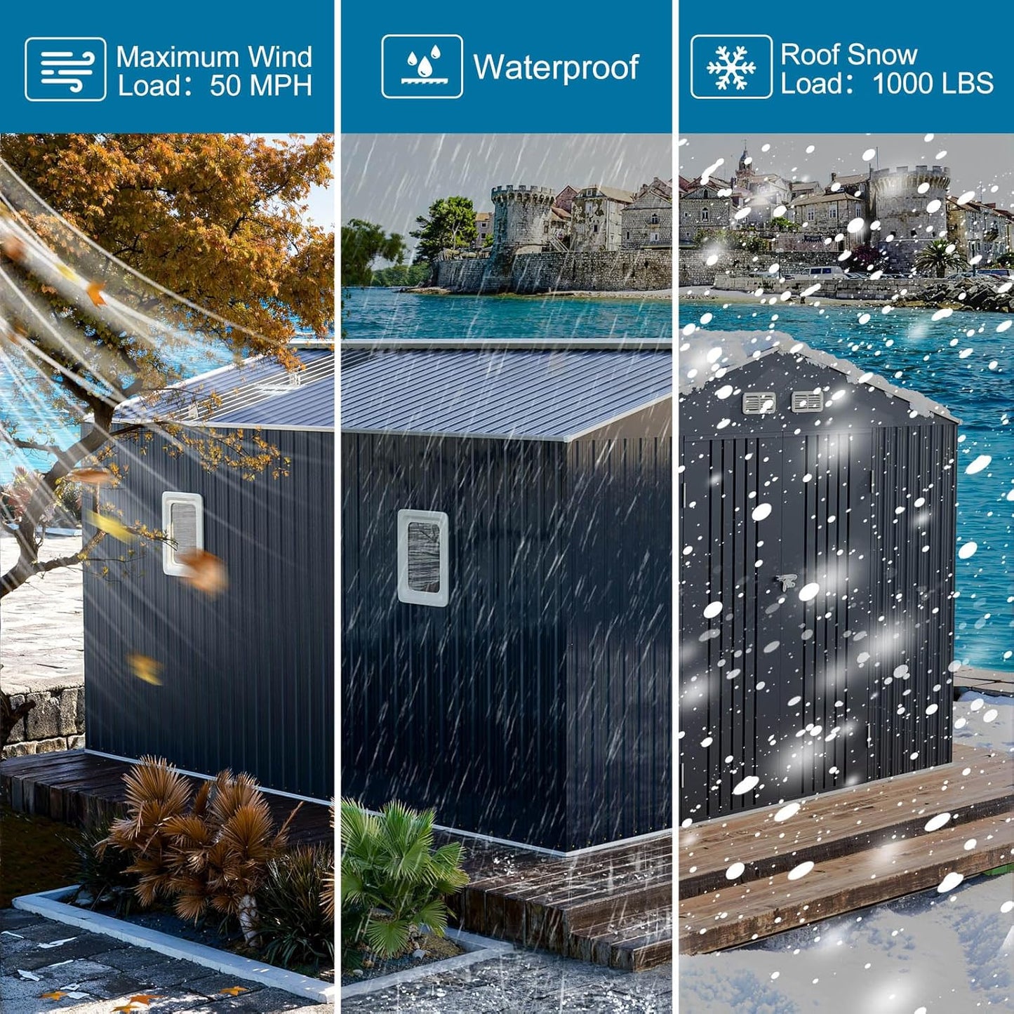 10x10 FT Metal Shed Large Waterproof Outdoor Tools Storage with Clear Roof Windows Air Vent Door for Outside Garden Patio Lawn Backyard to Store Bikes,Lawnmower,Garage,Dark Grey